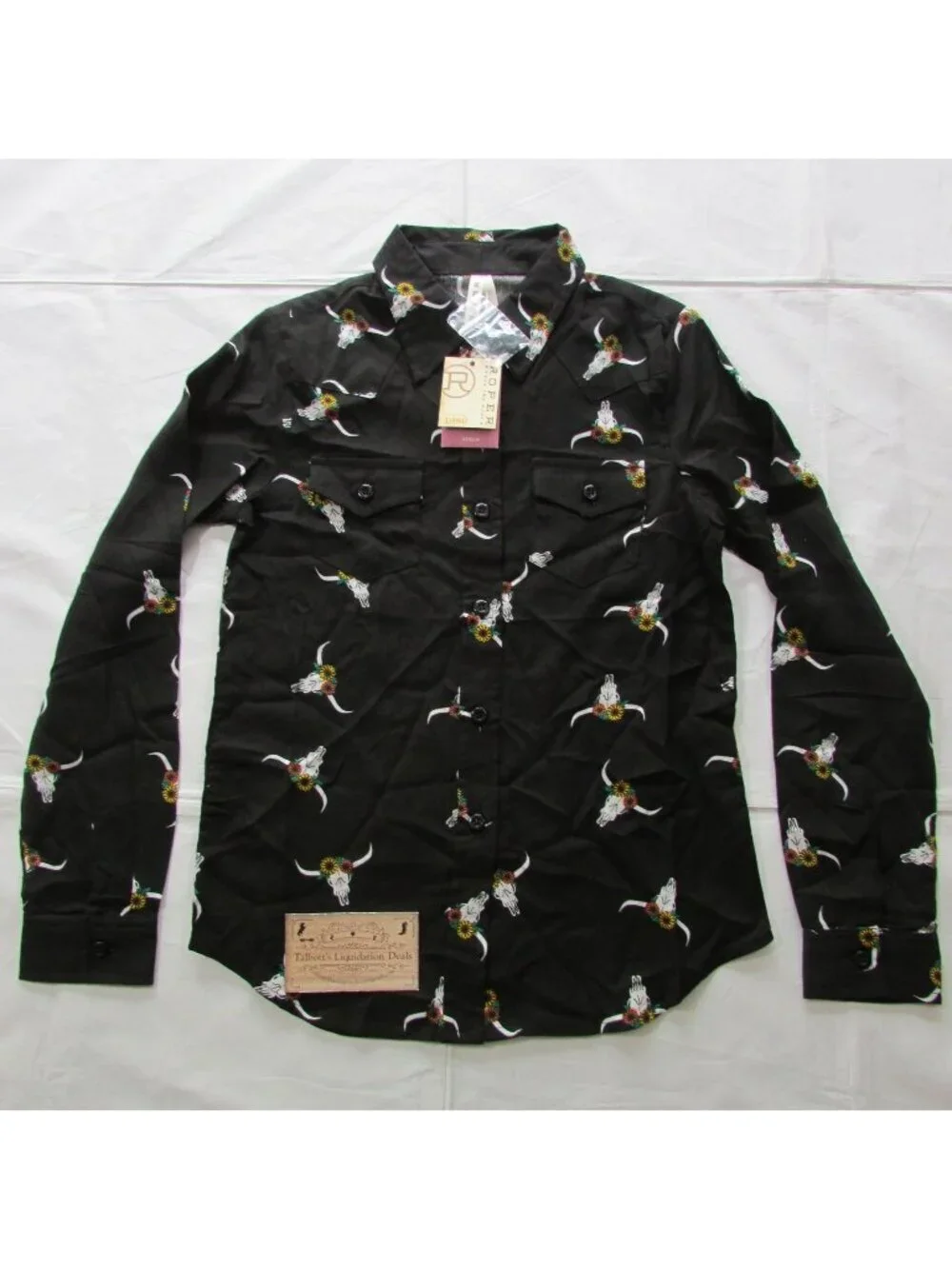 Roper Girl's Long Sleeve Floral Steer Skull Print Button Shirt Black